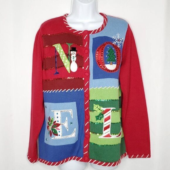 Quacker Factory Christmas Cardigan Sweater M Holiday Beaded Embroidered NOEL Red - Picture 1 of 8